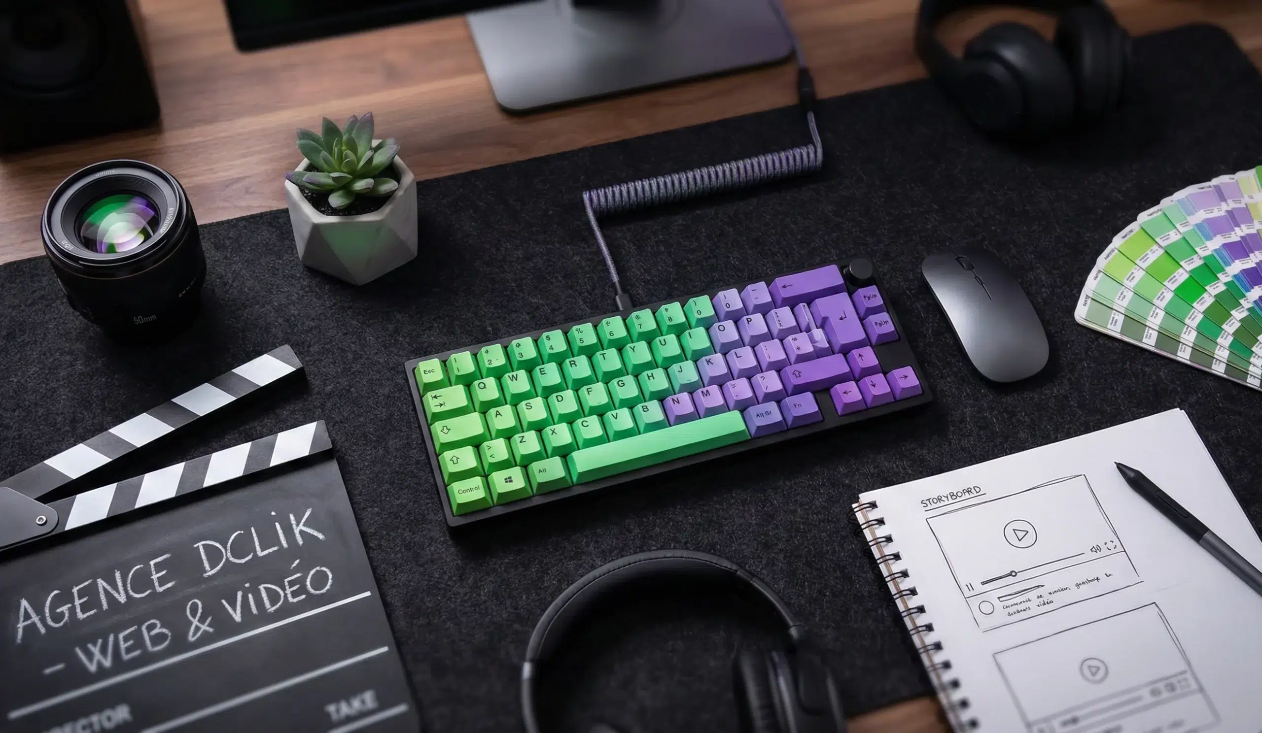 Espace de travail créatif Agence Dclik : Outils web et vidéo, storyboard, et couleurs de l'agence.